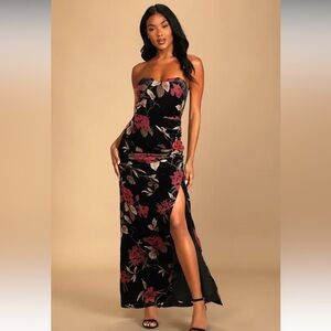 NWT Exquisite Black Floral Burnout Velvet Strapless Maxi Dress in Size XS